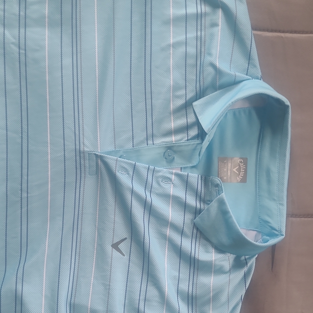 Callaway Men’s Light Blue Polo with Navy and White Stripes